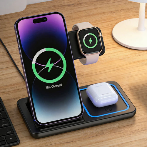 VoltFold 3-in-1 Ladestation von Veloro für kabelloses Laden, Smartphone, Watch und AirPods in elegant Design